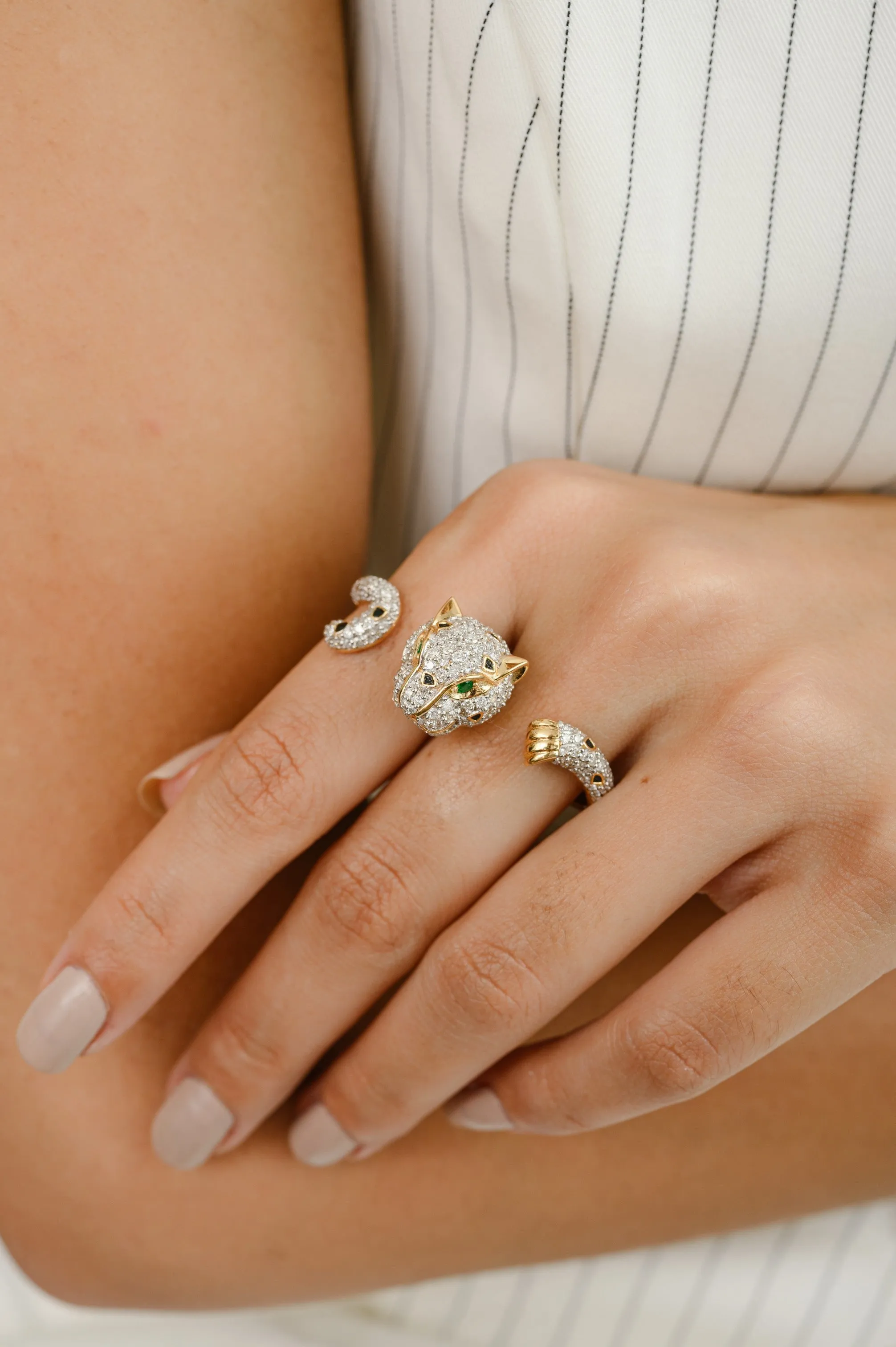 18K Solid Yellow Gold 2.06 Cts Diamond Panther Double Finger Ring