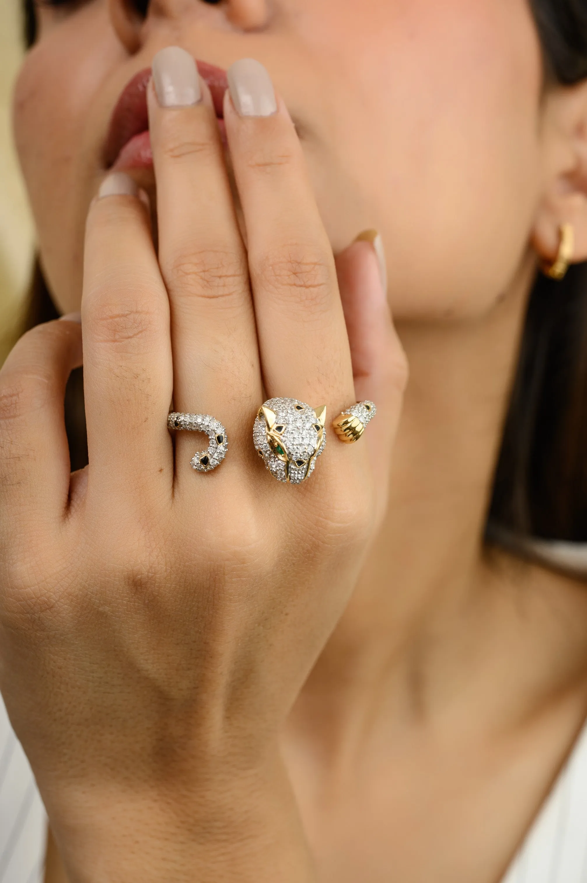 18K Solid Yellow Gold 2.06 Cts Diamond Panther Double Finger Ring