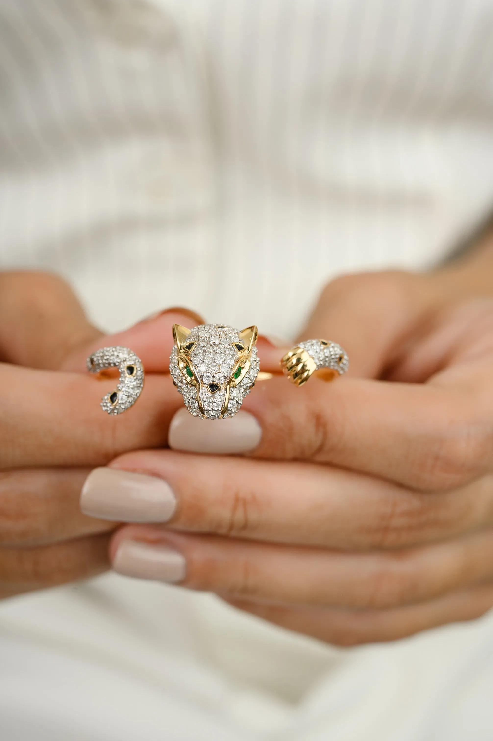 18K Solid Yellow Gold 2.06 Cts Diamond Panther Double Finger Ring