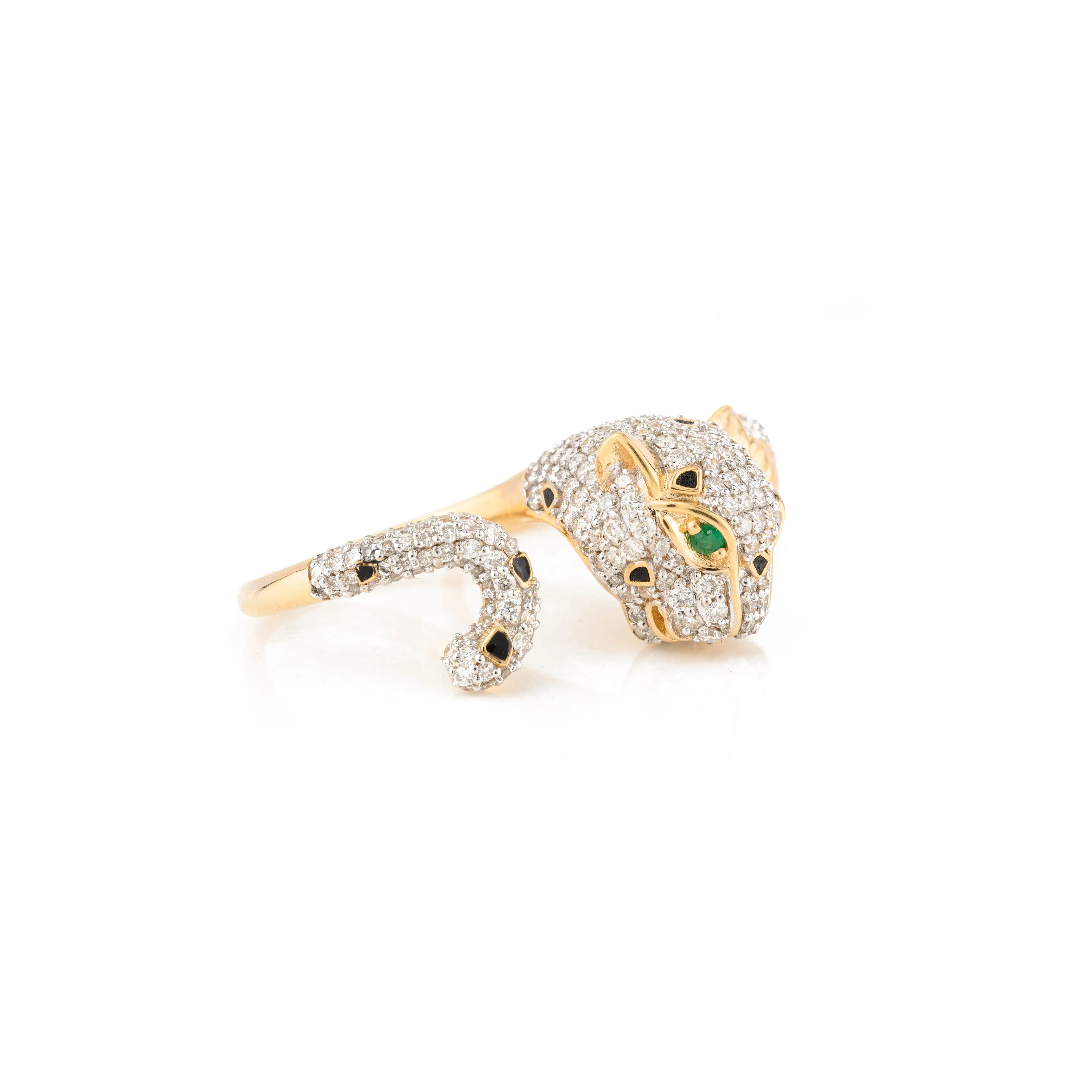 18K Solid Yellow Gold 2.06 Cts Diamond Panther Double Finger Ring