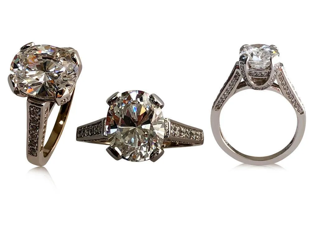 3.5 Carat Oval CZ Engagement Ring with pave set small side stones