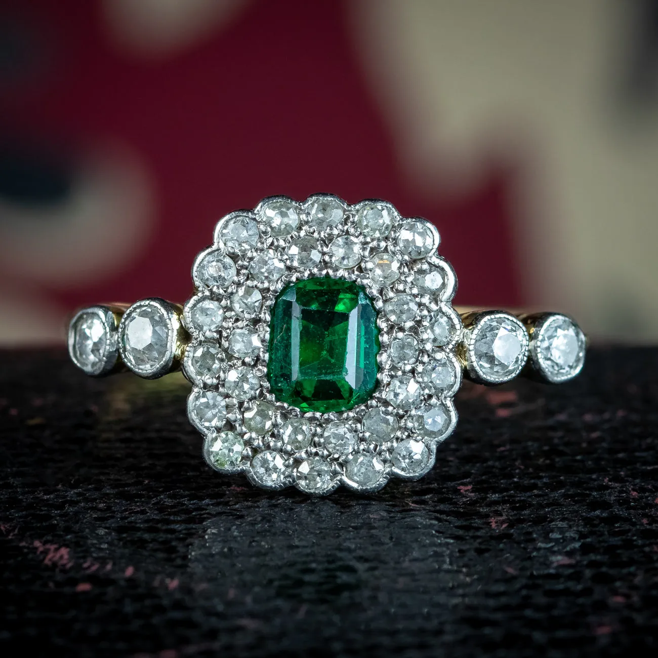 Antique Victorian Emerald Diamond Cluster Ring 0.60ct Emerald