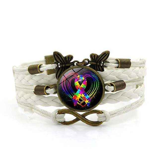 Autism Awareness Heart Charm Bracelets for Women Fashion Glass Cabochon Butterfly Infinity Jewelry Multilayer Leather Bracelet