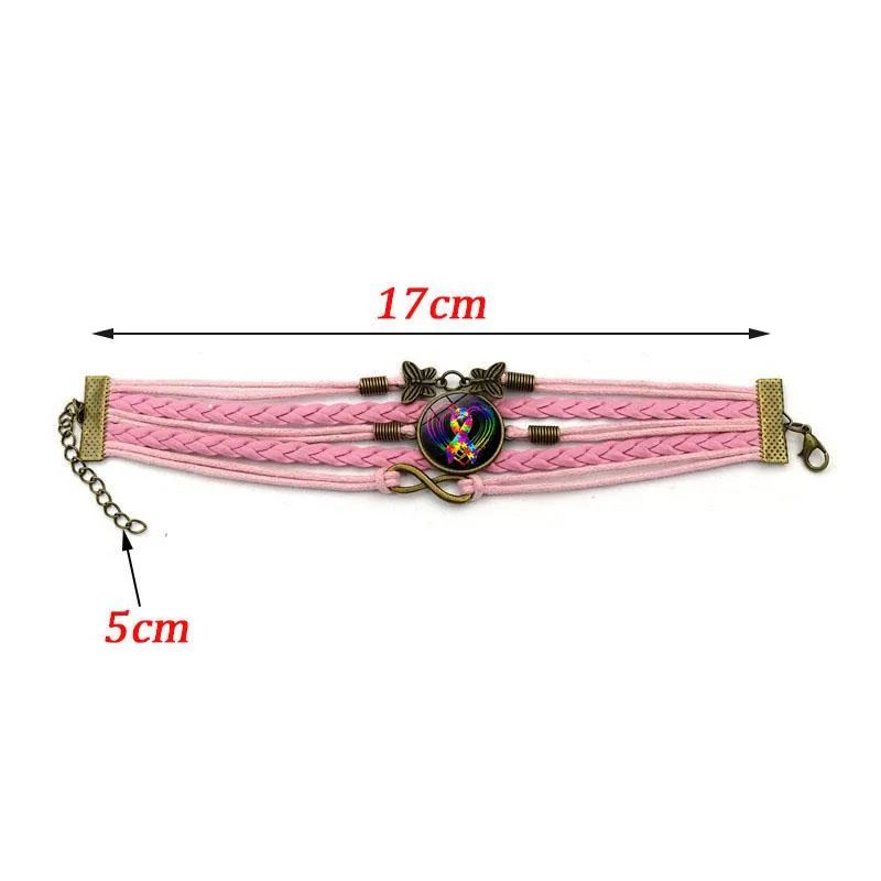 Autism Awareness Heart Charm Bracelets for Women Fashion Glass Cabochon Butterfly Infinity Jewelry Multilayer Leather Bracelet