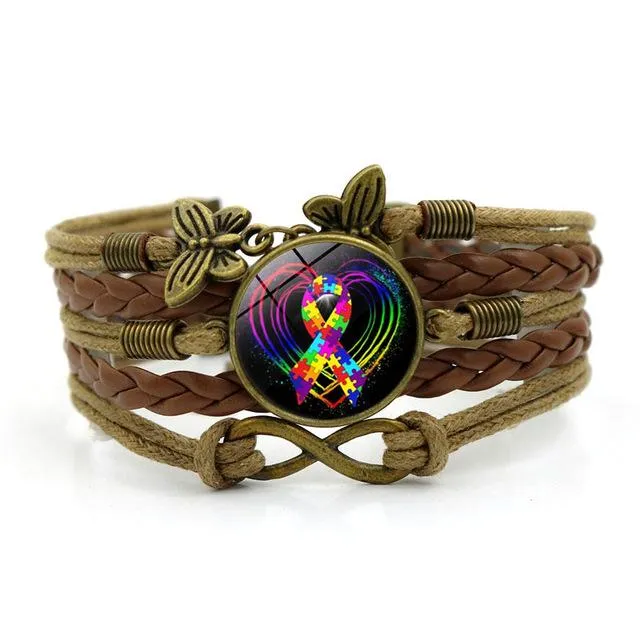 Autism Awareness Heart Charm Bracelets for Women Fashion Glass Cabochon Butterfly Infinity Jewelry Multilayer Leather Bracelet