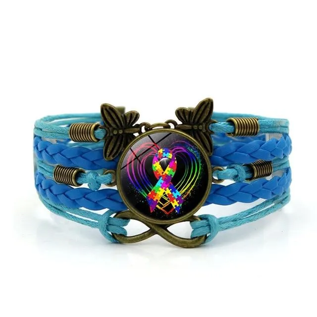 Autism Awareness Heart Charm Bracelets for Women Fashion Glass Cabochon Butterfly Infinity Jewelry Multilayer Leather Bracelet