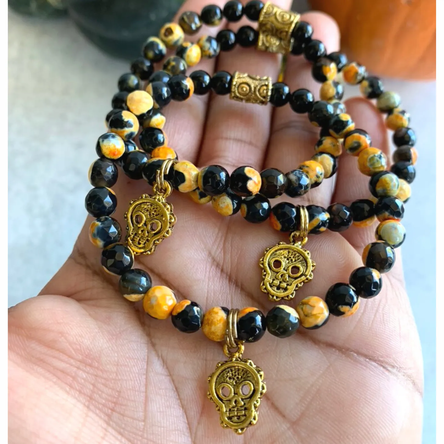 Black & Orange Fire Crackle Agate Gemstone Skull Bracelet