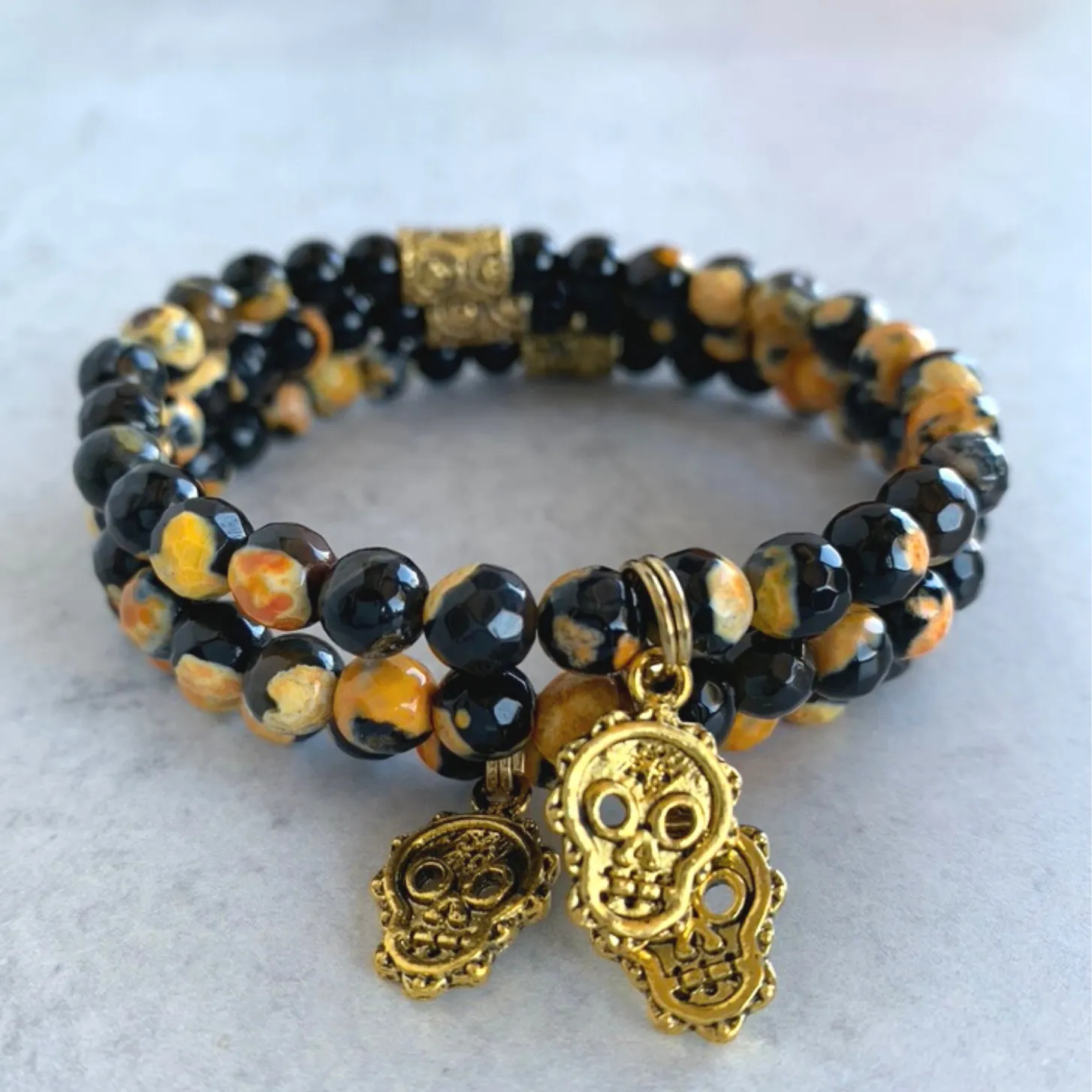 Black & Orange Fire Crackle Agate Gemstone Skull Bracelet