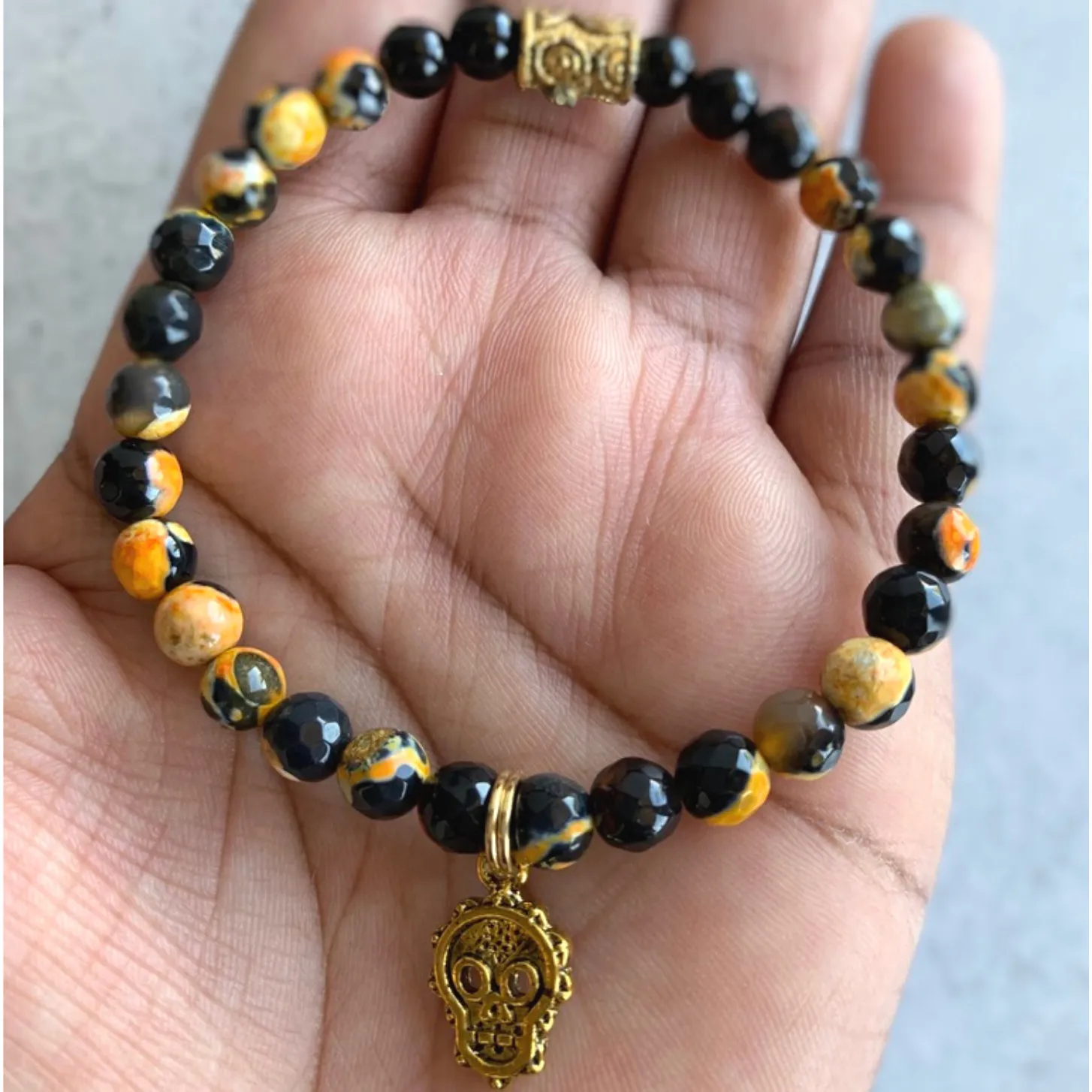 Black & Orange Fire Crackle Agate Gemstone Skull Bracelet