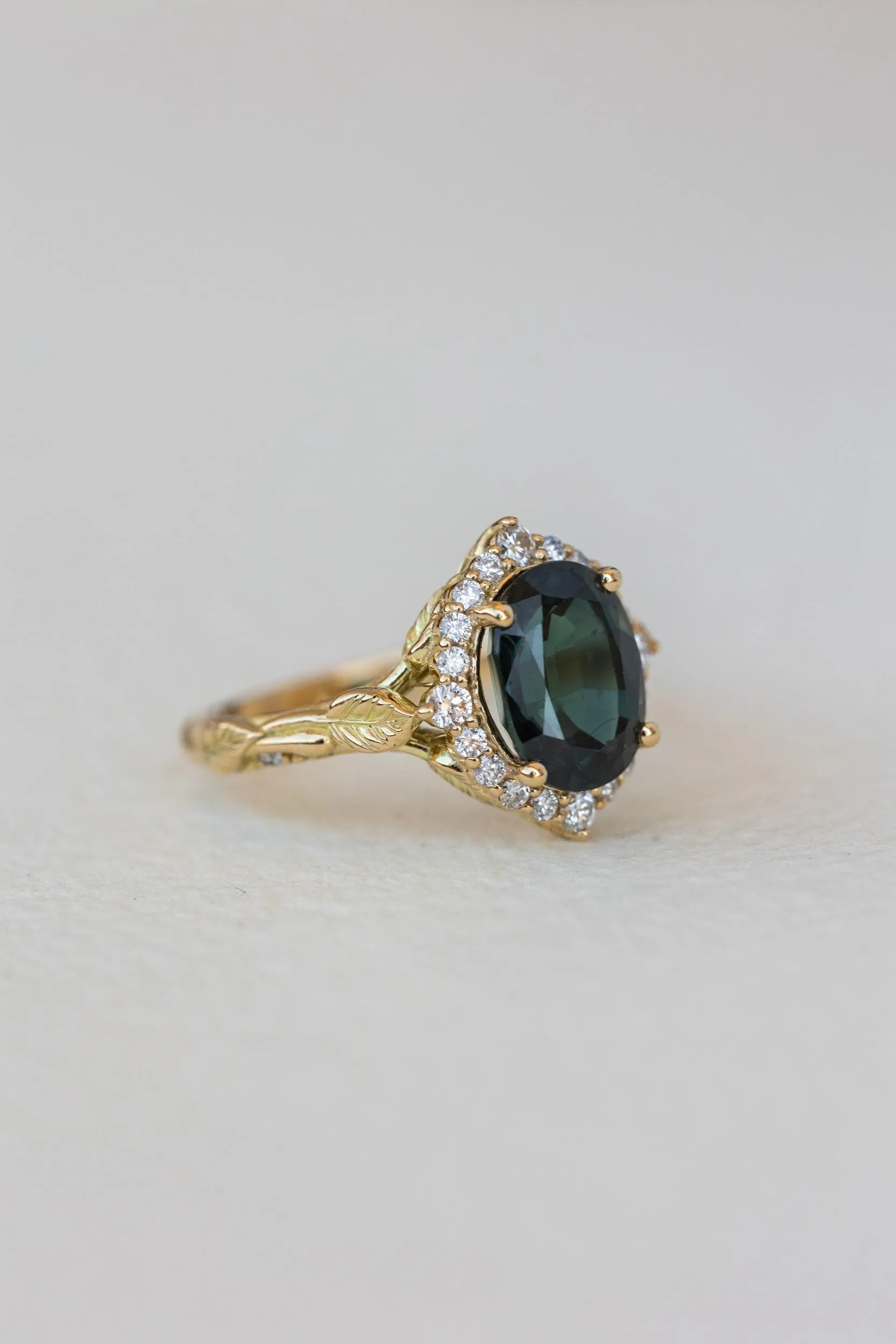 Diamond halo and natural teal sapphire engagement ring, nature inspired yellow gold ring / Florentina
