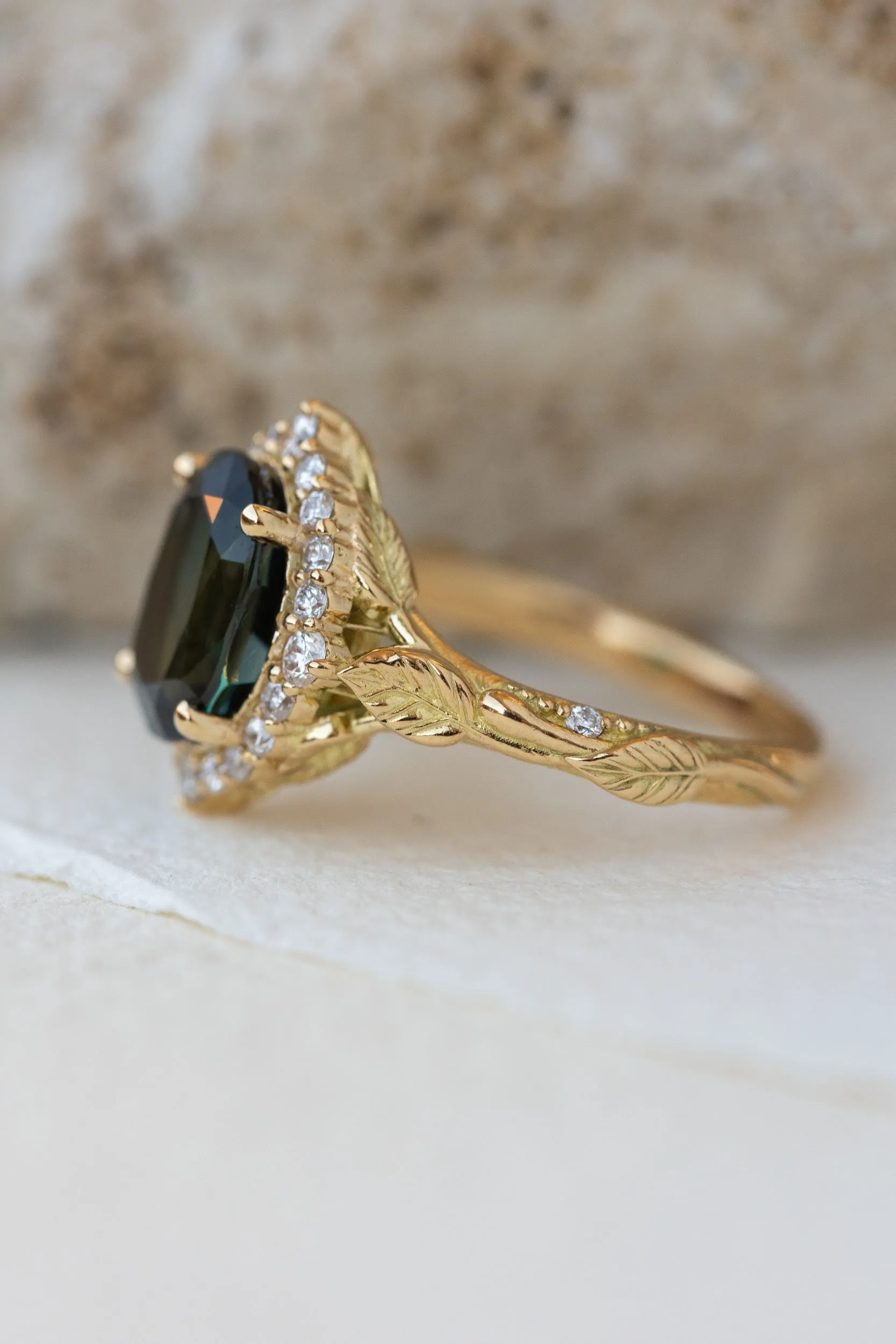 Diamond halo and natural teal sapphire engagement ring, nature inspired yellow gold ring / Florentina