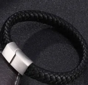 Men's Magnetic Leather braided Bracelet with Stainless Steel Clasp 3 Sizes - Black with Stainless Clasp
