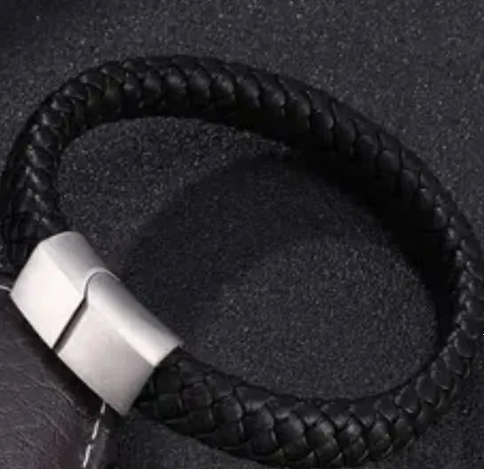 Men's Magnetic Leather braided Bracelet with Stainless Steel Clasp 3 Sizes - Black with Stainless Clasp