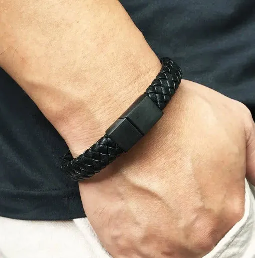 Men's Magnetic Leather braided Bracelet with Stainless Steel Clasp 3 Sizes - Black with Stainless Clasp