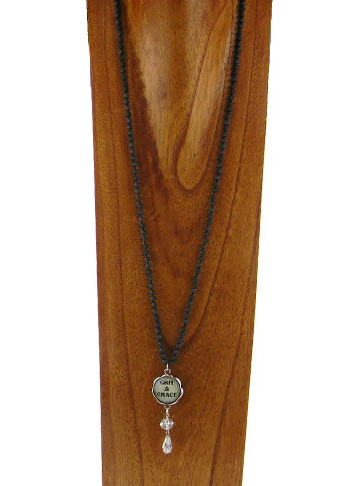 NKS180512-05  34" L 6MM CRYSTAL NECKLACE WITH " GRIT & GRACE" PENDANT