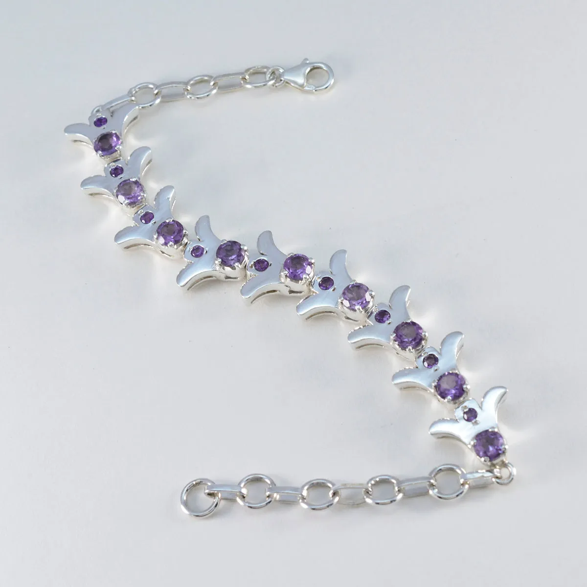 Riyo Gemstone 925 Sterling Silver Bracelet For Girls Amethyst Bracelet Prong Setting Bracelet with Fish Hook Link Bracelet L Size 6-8.5 Inch.