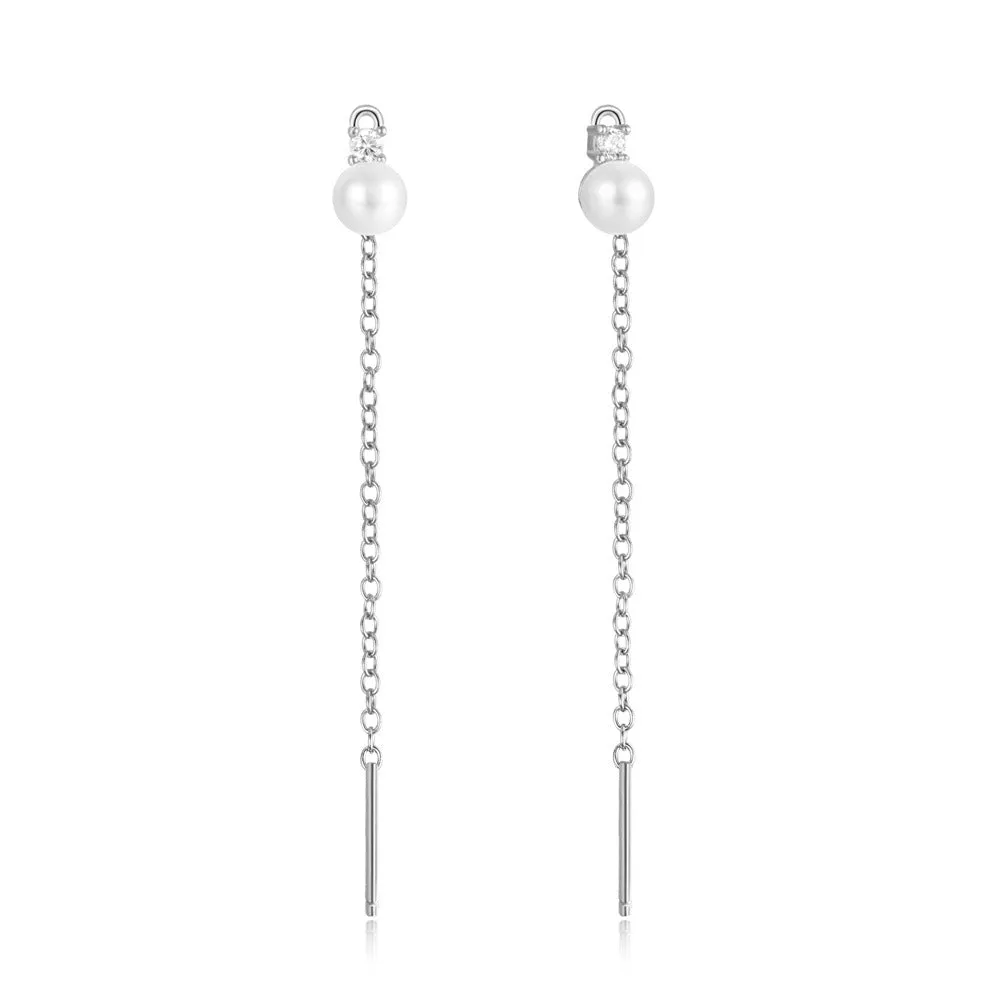 S925 Silver Threader Chain Earrings with White Pearl