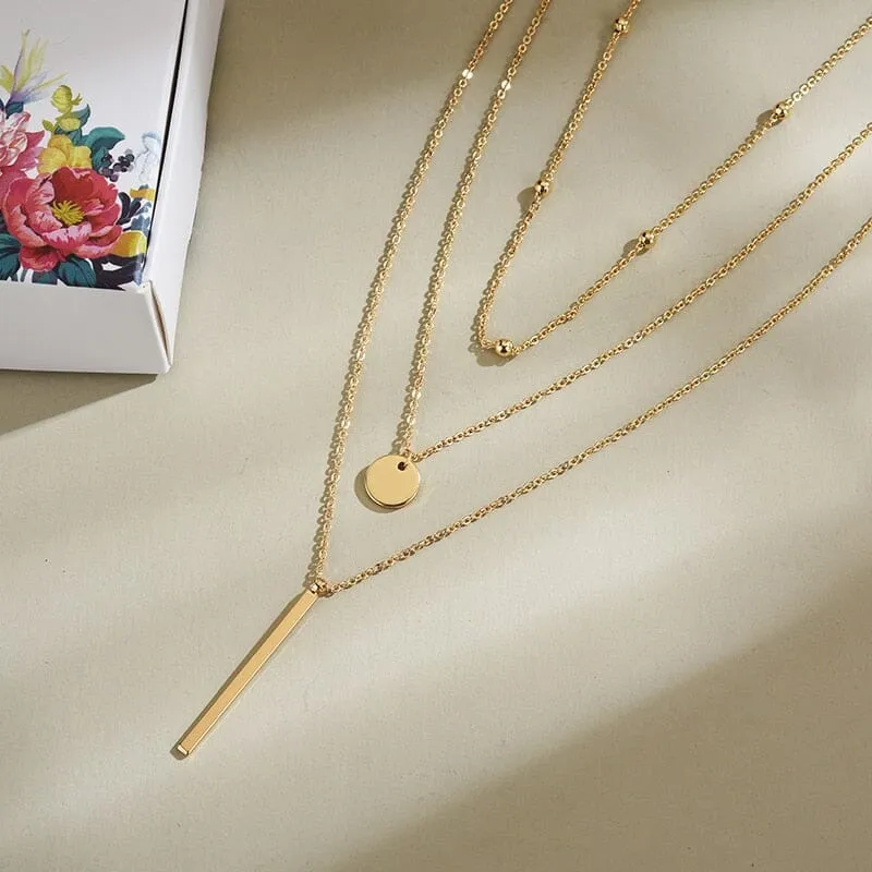 Simple Three Layer Shiny Long Bar Pendant Necklace