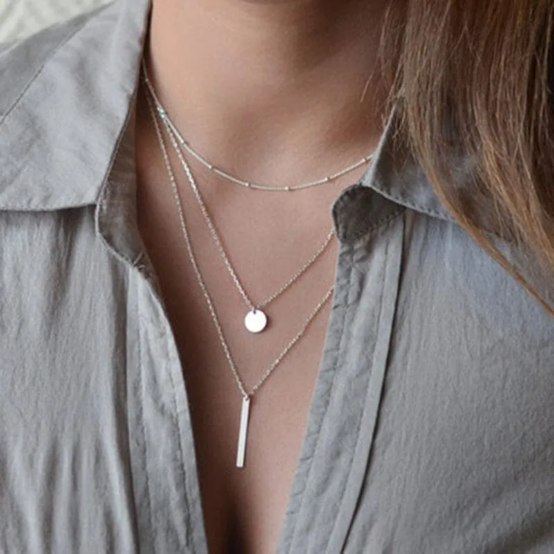 Simple Three Layer Shiny Long Bar Pendant Necklace