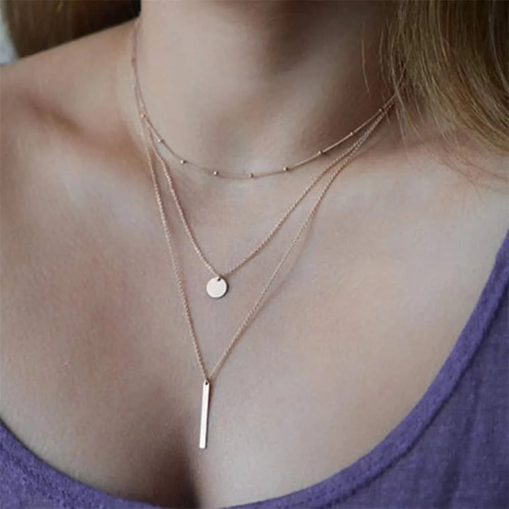Simple Three Layer Shiny Long Bar Pendant Necklace