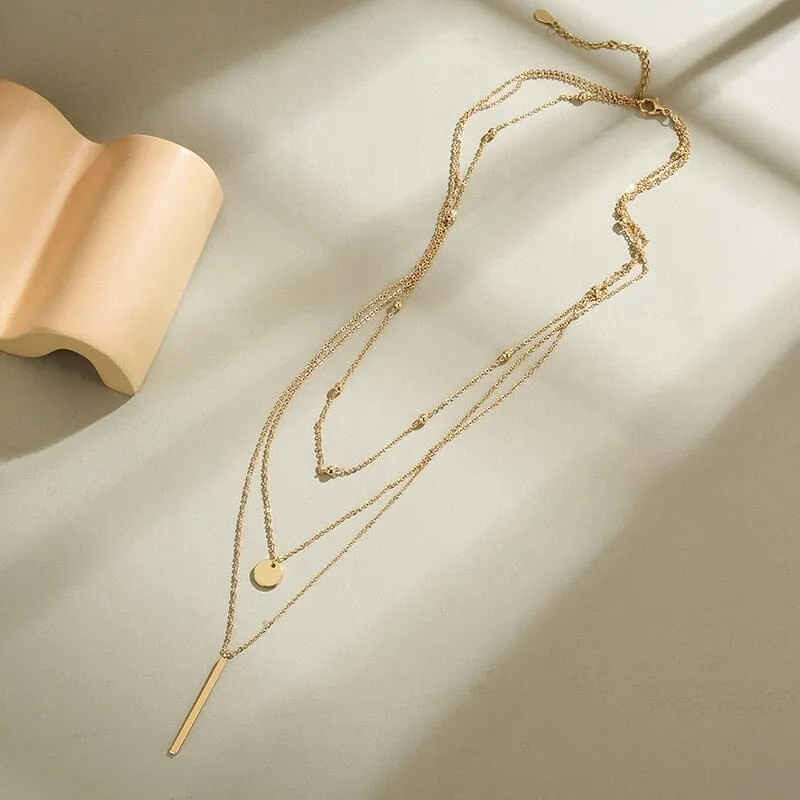 Simple Three Layer Shiny Long Bar Pendant Necklace