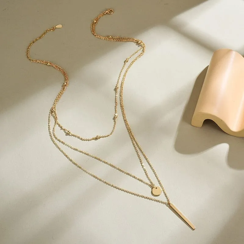 Simple Three Layer Shiny Long Bar Pendant Necklace
