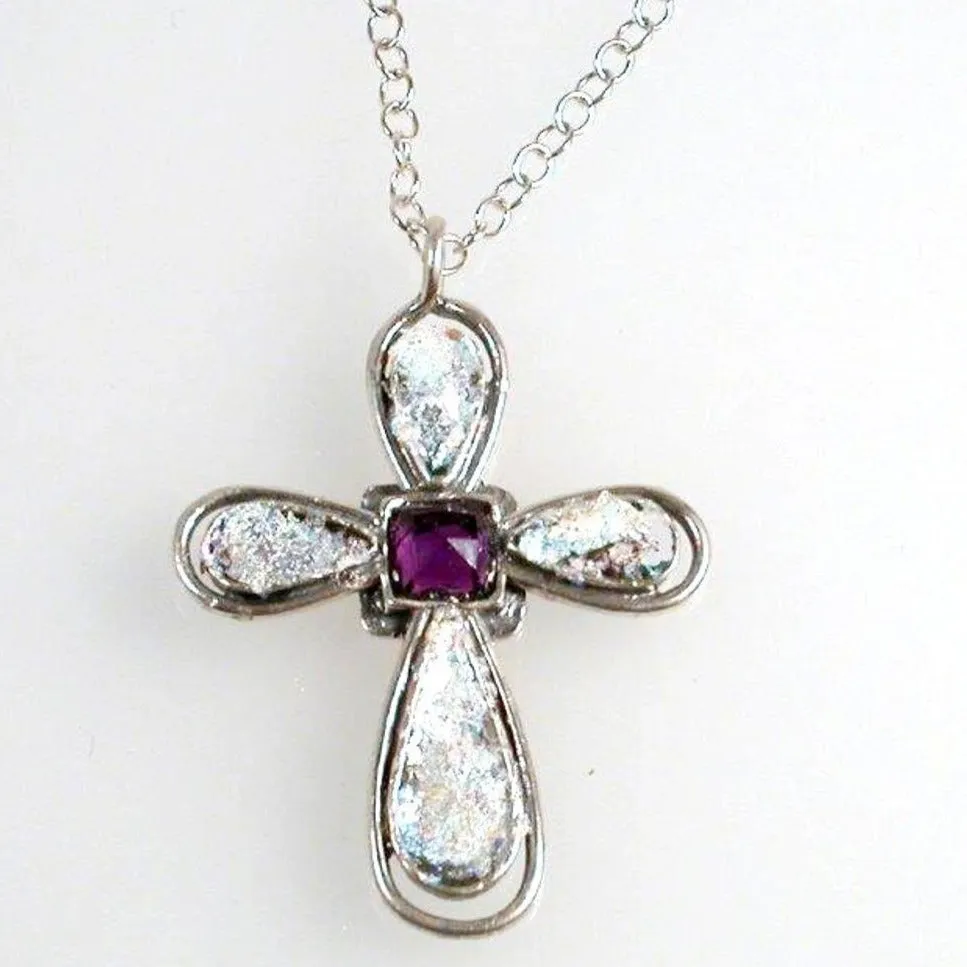 Sterling Silver cross Roman Glass Holy Land Jerusalem with cz amethyst zircon My High Sky Cross