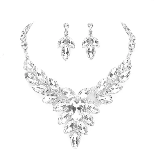 Teardrop Center Marquise Stone Cluster Necklace Earring Set