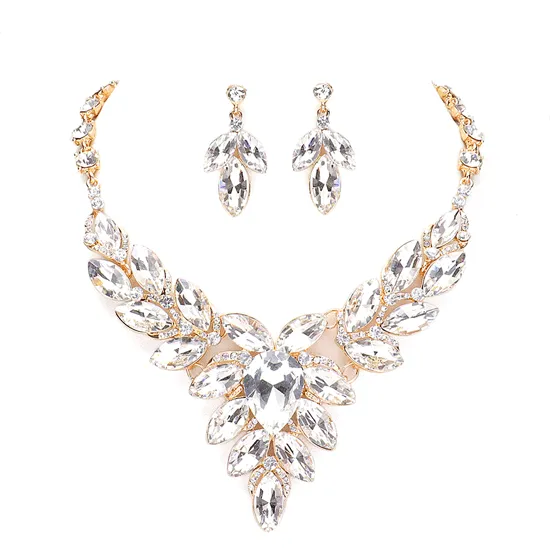 Teardrop Center Marquise Stone Cluster Necklace Earring Set