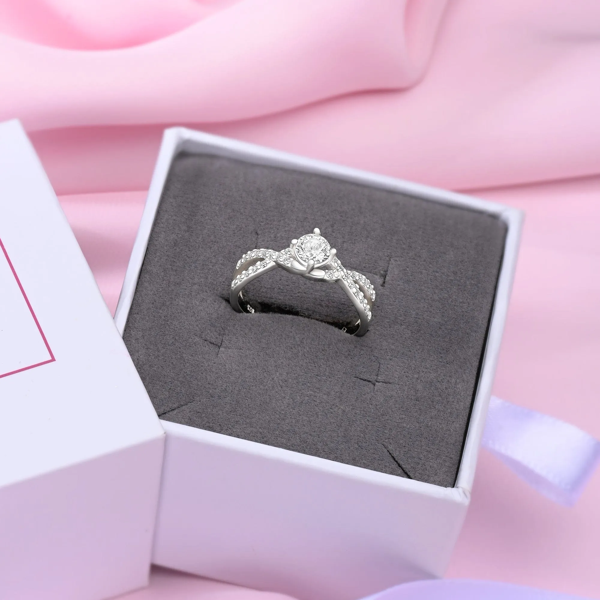 Twist Criss Cross Cubic Zirconia Engagement Ring Sterling Silver