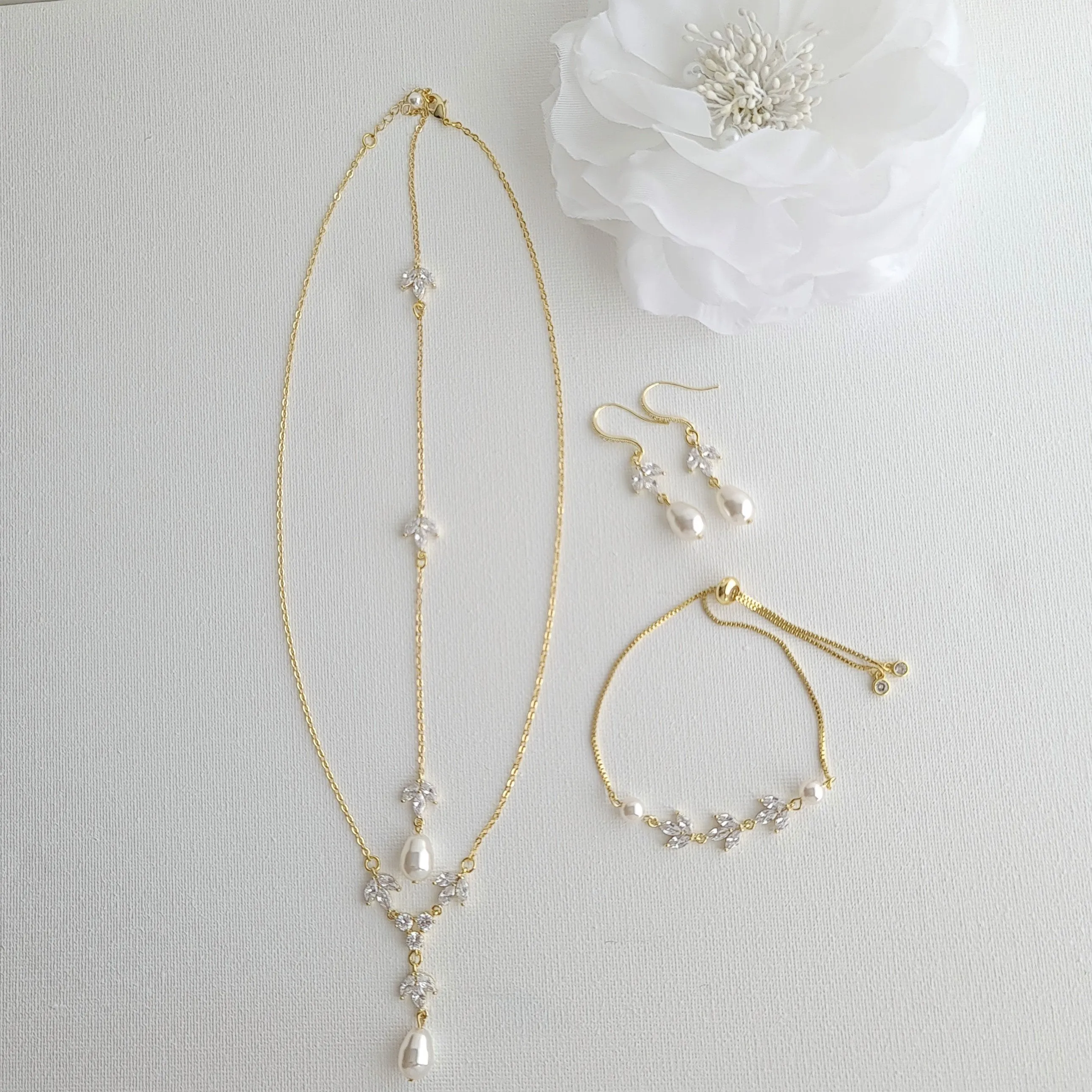 Wedding Necklace Set with Earrings & Bracelet-Gold- Leila